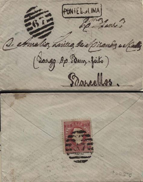 0186.jpg -     Lote:    186      Colecção Cascais II      D. Luís I, fita direita       Descrição:         1870/76 &mdash; D. Luís I, fita direita. CE40, 25 reis carmim, papel liso, denteado 12 &frac12;, em carta circulada de Ponte de Lima para Barcelos. Carimbos nominativo e numérico da 2.ª reforma batidos a preto "67 &mdash; PONTE DE LIMA". Selo no verso do sobrescrito         Carta       Valor Base:     &euro; 15,00     Valor Venda:     &euro; 15,00     