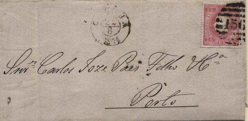 0187.jpg -     Lote:    187      Colecção Cascais II      D. Luís I, fita direita       Descrição:         1870/76 &mdash; D. Luís I, fita direita. CE40, 25 reis carmim, papel liso, denteado 14, em carta circulada de Gouveia (22.08.74) para o Porto (24.08.74). Carimbo circular datado de GOUVEA e numérico da 2.ª reforma "136", batidos a preto ". MB.          Carta       Valor Base:     &euro; 40,00     Valor Venda:     Retirado     