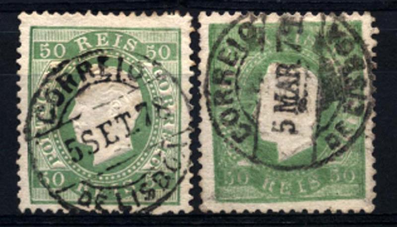 0189.jpg -     Lote:    189      Colecção Cascais II      D. Luís I, fita direita       Descrição:         1870/76 &mdash; D. Luís I, fita direita. CE41, 50 reis verde, papel liso. Lote de dois selos, um em denteado 13 &frac12; e outro em denteado 13 &frac12; (com repinte". Ambos obliterados com carimbo circular datado de LISBOA, tipo reduzido.         O       Valor Base:     &euro; 30,00     Valor Venda:     &euro; 30,00     