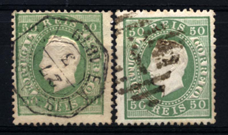 0190.jpg -     Lote:    190      Colecção Cascais II      D. Luís I, fita direita       Descrição:         1870/76 &mdash; D. Luís I, fita direita. CE41, 50 reis verde claro, papel liso. Lote de dois selos, um em denteado 13 &frac12;, obliterado com carimbo batido a preto "E.A. LISBOA &mdash; BADAJOZ" e outro em denteado 12 &frac12; obliterado com carimbo quadrado de barras "1".         O       Valor Base:     &euro; 25,00     Valor Venda:     &euro; 25,00     