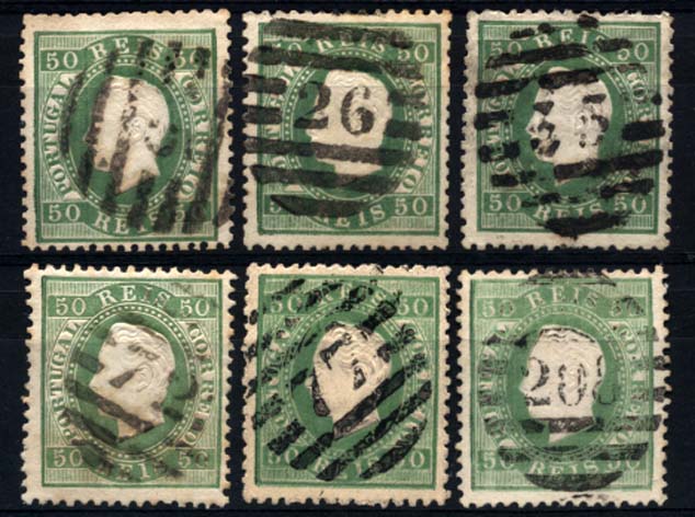 0191.jpg -     Lote:    191      Colecção Cascais II      D. Luís I, fita direita       Descrição:         1870/76 &mdash; D. Luís I, fita direita. CE41, 50 reis verde, papel liso, denteado 12 &frac12;. Lote de 6 selos obliterado com carimbos numéricos da 2.ª reforma, bem batidos a preto de: 5 &mdash; ALENQUER, 26 &mdash; MONTEMOR-o-NOVO, 35 &mdash; SANTIAGO DE CACÉM, 72 &mdash; VIANA DO CASTELO, 77 &mdash; VILAVERDE e 208 &mdash; FARO.         O       Valor Base:     &euro; 60,00     Valor Venda:     &euro; 60,00     