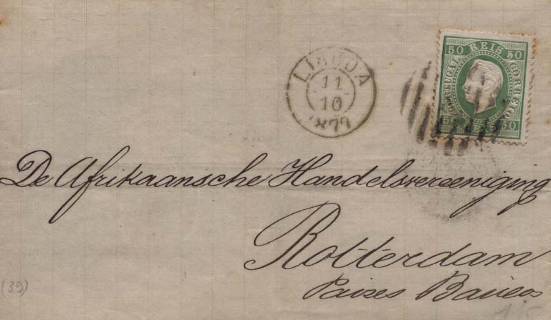 0192.jpg -     Lote:    192      Colecção Cascais II      D. Luís I, fita direita       Descrição:         1870/76 &mdash; D. Luís I, fita direita. CE41, 50 reis verde claro, papel liso, denteado13 &frac12;, em carta circulada de Lisboa (11.10.77) para Roterdão (16.10.77). Selo obliterado com carimbo numérico da 2.ª reforma "1". B.         Carta       Valor Base:     &euro; 25,00     Valor Venda:     Retirado     