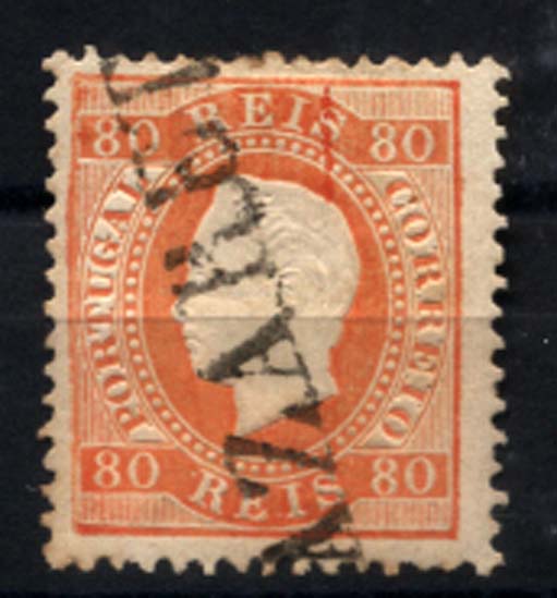 0193.jpg -     Lote:    193      Colecção Cascais II      D. Luís I, fita direita       Descrição:         1870/76 &mdash; D. Luís I, fita direita. CE42, 80 reis laranja, papel liso, denteado 12 &frac12;, obliterado com carimbo nominativo, batido a preto "NAZARETH".         O       Valor Base:     &euro; 15,00     Valor Venda:     Retirado     