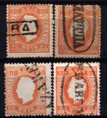 0194.jpg -     Lote:    194      Colecção Cascais II      D. Luís I, fita direita       Descrição:         1870/76 &mdash; D. Luís I, fita direita. CE42, 80 reis laranja, papel liso. Lote de quatro selos, dois em denteado 12 &frac12; e dois em 13 &frac12;, obliterados com carimbos nominativos batidos a preto de: VIEIRA, VILLAVERDE, NAZARETH e P. D'ARCOS. Um selo com canto curto.         O       Valor Base:     &euro; 40,00     Valor Venda:     Retirado     