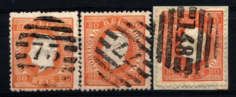 0195.jpg -     Lote:    195      Colecção Cascais II      D. Luís I, fita direita       Descrição:         1870/76 &mdash; D. Luís I, fita direita. CE42, 80 reis laranja. Lote de 3 selos obliterados com carimbos numéricos da 2.ª reforma, bem batidos a preto de: 75 &mdash; VILA NOVA DE GAIA, 77 &mdash; VILAVERDE e 148 &mdash; PINHEL.         O       Valor Base:     &euro; 30,00     Valor Venda:     &euro; 36,00     