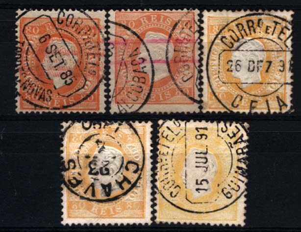 0196.jpg -     Lote:    196      Colecção Cascais II      D. Luís I, fita direita       Descrição:         1870/76 &mdash; D. Luís I, fita direita. CE42, 80 reis laranja e amarelo. Lote de 5 selos, dois em denteado 13 &frac12; papel liso e 3 em denteado 12 &frac12; papel porcelana, obliterados com carimbos circulares datados tipo 1880, batidos a preto de: TORRES NOVAS, ALCOBAÇA, CEIA, CHAVES e GUIMARÃES.         O       Valor Base:     &euro; 40,00     Valor Venda:     &euro; 40,00     