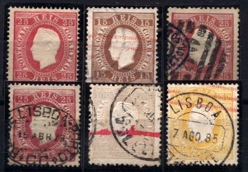 0198.jpg -     Lote:    198      Colecção Cascais II      D. Luís I, fita direita       Descrição:         1870/76 &mdash; D. Luís I, fita direita. Lote de 6 selos, um de 25 reis CE40 novo, papel liso, denteado 13 &frac12;, 15 reis CE38 denteado 12 &frac12; papel porcelana com roletes telegráficos vermelhos, dois selos de 25 reis CE40, um com denteado 12 &frac12; e carimbo numérico da 2.ª reforma 80 e parte final de marca a azul "Lisboa &mdash; Depósitos / 3.º sector", outro em denteado 13 &frac12; com marca "R.A. LISBOA-PORTO CC". Um selo de 100 reis denteado 12 &frac12; CE43 papel porcelana, com traço vermelho telegráfico e selo de 150 reis CE51 denteado 13 &frac12; com roletes telegráficos. Lote a ver.         O       Valor Base:     &euro; 25,00     Valor Venda:     Retirado     