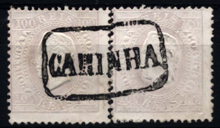 0199.jpg -     Lote:    199      Colecção Cascais II      D. Luís I, fita direita       Descrição:         1870/76 &mdash; D. Luís I, fita direita. CE43, 100 reis lilás claro, denteado 12 &frac12;, papel porcelana. Dois selos simples (provável par separado) obliterados com carimbo nominativo batido a preto de CAMINHA.         O       Valor Base:     &euro; 25,00     Valor Venda:     &euro; 25,00     