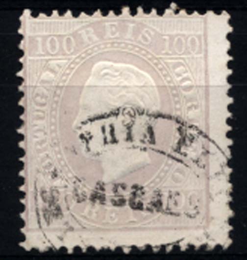 0200.jpg -     Lote:    200      Colecção Cascais II      D. Luís I, fita direita       Descrição:         1870/76 &mdash; D. Luís I, fita direita. CE43, 100 reis lilás claro, denteado 12 &frac12;, papel porcelana, obliterado com carimbo batido a preto "TELEGRAPHIA ELECTRICA / CASCAES". MB e R.         O       Valor Base:     &euro; 25,00     Valor Venda:     Retirado     