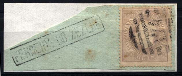 0201.jpg -     Lote:    201      Colecção Cascais II      D. Luís I, fita direita       Descrição:         1870/76 &mdash; D. Luís I, fita direita. CE43, 100 reis lilás malva, papel liso, denteado 14 em fragmento, obliterados com carimbo nominativo a preto de FERREIRA DO ZEZERE e numérico da 2.ª reforma "174". MB e R.         FRG       Valor Base:     &euro; 225,00     Valor Venda:     Retirado     