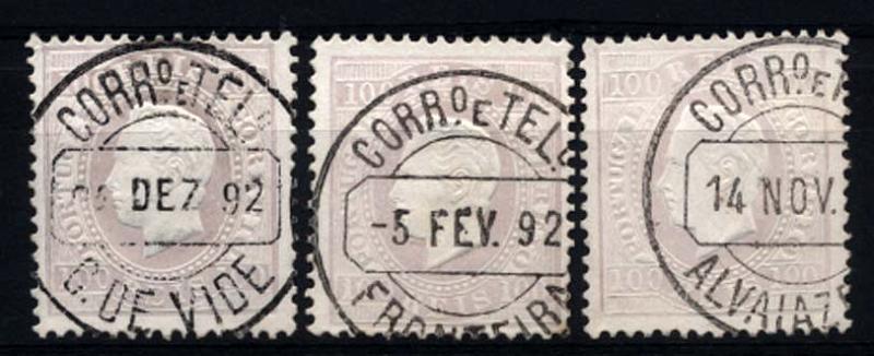 0202.jpg -     Lote:    202      Colecção Cascais II      D. Luís I, fita direita       Descrição:         1870/76 &mdash; D. Luís I, fita direita. CE43, 100 reis lilás claro, papel porcelana, denteado 12 &frac12;. Lote de 3 selos obliterados com carimbos circulares datados, batidos a preto de: C. DE VIDE, FRONTEIRA e ALVAIAZERE.          O       Valor Base:     &euro; 20,00     Valor Venda:     &euro; 34,00     