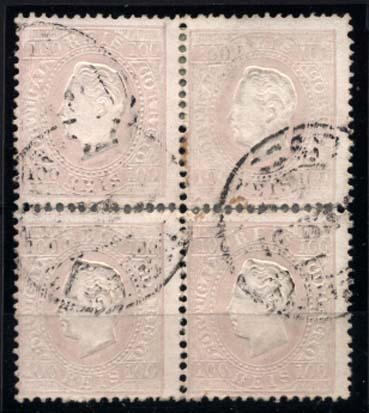 0203.jpg -     Lote:    203      Colecção Cascais II      D. Luís I, fita direita       Descrição:         1870/76 &mdash; D. Luís I, fita direita. CE43, 100 reis lilás claro, papel porcelana, denteado12 &frac12;. Quadra (os dois pares unidos por charneira).          O       Valor Base:     &euro; 25,00     Valor Venda:     Retirado     