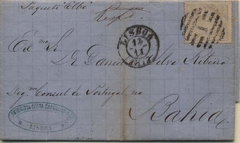 0204.jpg -     Lote:    204      Colecção Cascais II      D. Luís I, fita direita       Descrição:         1870/76 &mdash; D. Luís I, fita direita. CE43, 100 reis lilás malva, denteado 13 &frac12;, papel liso, em carta circulada de Lisboa (16.11.1877) para a Baia (29.11.77) pelo Paquete Elbe.         Carta       Valor Base:     &euro; 40,00     Valor Venda:     &euro; 40,00     