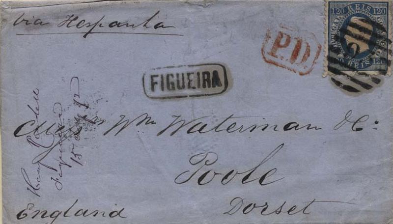 0205.jpg -     Lote:    205      Colecção Cascais II      D. Luís I, fita direita       Descrição:         1870/76 &mdash; D. Luís I, fita direita. CE44, 120 reis azul, papel liso, denteado 12 &frac12; em carta circulada da Figueira para Poole / Inglaterra (21.07.72) por via de Espanha e com trânsito por Lisboa (16.07.72). Carimbo nominativo "FELGUEIRAS" e numérico da 2.ª reforma "93" batidos a preto. MB         Carta       Valor Base:     &euro; 75,00     Valor Venda:     Retirado     
