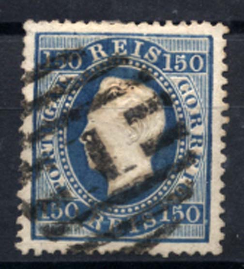 0207.jpg -     Lote:    207      Colecção Cascais II      D. Luís I, fita direita       Descrição:         1870/76 &mdash; D. Luís I, fita direita. CE45, 150 reis azul, papel liso, denteado 13 &frac12;. Valor de catálogo &euro; 534,00.         O       Valor Base:     &euro; 75,00     Valor Venda:     &euro; 75,00     