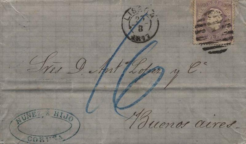 0213.jpg -     Lote:    213      Colecção Cascais II      D. Luís I, fita direita       Descrição:         1870/76 &mdash; D. Luís I, fita direita. CE47, 300 reis violeta escuro, papel liso, denteado 13 &frac12; em carta circulada de Lisboa (23.08.77) para Buenos Aires (10.09.77). Selo com um canto ligeiramente curto. MB e MR.         Carta       Valor Base:     &euro; 100,00     Valor Venda:     &euro; 130,00     