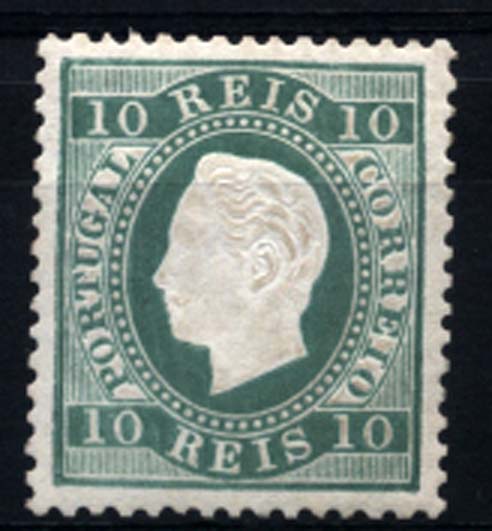 0214.jpg -     Lote:    214      Colecção Cascais II      D. Luís I, fita direita       Descrição:         1879/80 &mdash; D. Luís I, fita direita. Novas cores. CE49, 10 reis verde azul, papel liso, denteado 12 &frac12;. Selo regomado.         RG***       Valor Base:     &euro; 60,00     Valor Venda:     &euro; 100,00     