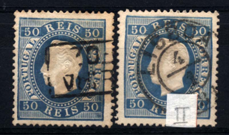 0219.jpg -     Lote:    219      Colecção Cascais II      D. Luís I, fita direita       Descrição:         1879/80 &mdash; D. Luís I, fita direita. Novas cores. CE50, 50 reis azul, papel liso, denteado 13 &frac12;. Lote de dois selos, um com carimbo nominativo batido a preto "FIGUEIRA DA FOZ" e outro do cunho II com carimbo circular datado de LISBOA.         O       Valor Base:     &euro; 30,00     Valor Venda:     Retirado     