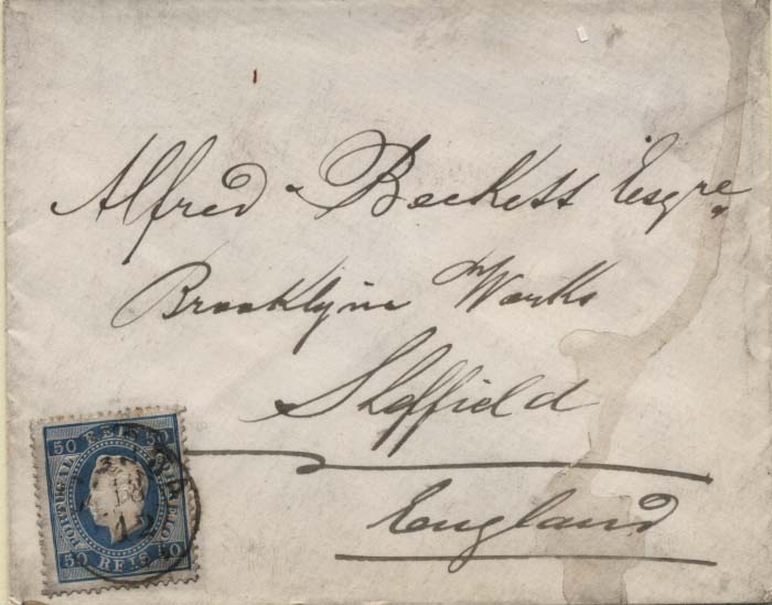 0220.jpg -     Lote:    220      Colecção Cascais II      D. Luís I, fita direita       Descrição:         1879/80 &mdash; D. Luís I, fita direita. Novas cores. CE50, 50 reis azul, papel liso, denteado 13 &frac12; em sobrescrito circulado de Lisboa (18.12.79) para Sheffield (23.12.79).         Carta       Valor Base:     &euro; 30,00     Valor Venda:     &euro; 32,00     