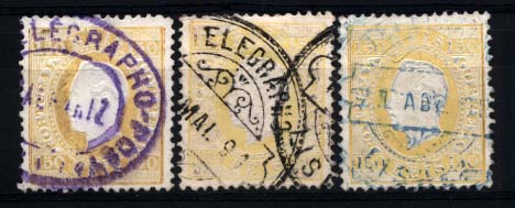 0221.jpg -     Lote:    221      Colecção Cascais II      D. Luís I, fita direita       Descrição:         1879/80 &mdash; D. Luís I, fita direita. Novas cores. CE51, 150 reis amarelo, denteado 12 &frac12;. Lote de 3 selos com obliterações da telegrafia eléctrica de LISBOA.         O       Valor Base:     &euro; 20,00     Valor Venda:     Retirado     