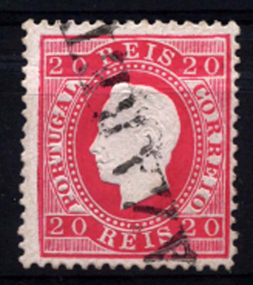 0222.jpg -     Lote:    222      Colecção Cascais II      D. Luís I, fita direita       Descrição:         1879/80 &mdash; D. Luís I, fita direita. Nova cor e valor. CE66, 20 reis carmim rosa, papel porcelana, denteado 12 &frac12;, obliterado com carimbo nominativo batido a preto "NAZARETH". Acompanha desenho do carimbo.         O       Valor Base:     &euro; 20,00     Valor Venda:     Retirado     