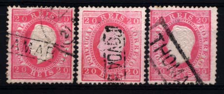0223.jpg -     Lote:    223      Colecção Cascais II      D. Luís I, fita direita       Descrição:         1879/80 &mdash; D. Luís I, fita direita. Nova cor e valor. CE66, 20 reis carmim rosa, papel porcelana, denteado 12 &frac12;. Lote de 3 selos obliterados com carimbo nominativos batidos a preto de: ARMAMAR, POVOS DE VARZIM E THOMAR.         O       Valor Base:     &euro; 50,00     Valor Venda:     Retirado     