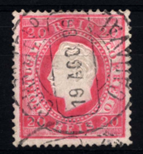 0225.jpg -     Lote:    225      Colecção Cascais II      D. Luís I, fita direita       Descrição:         1879/80 &mdash; D. Luís I, fita direita. Nova cor e valor. CE66, 20 reis carmim rosa, papel porcelana, denteado 13 &frac12;, obliterado com carimbo circular datado de CADAVAL         O       Valor Base:     &euro; 25,00     Valor Venda:     Retirado     