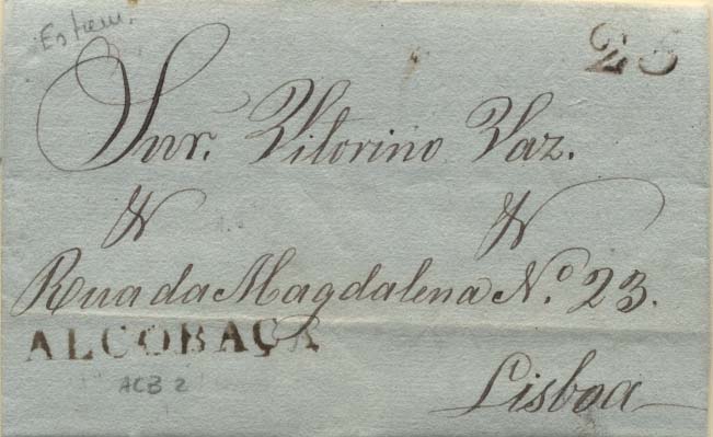 0233.jpg -     Lote:    233            Portugal        Descrição:      Alcobaça   &mdash; A sépia, GM ACB2 em carta datada de Alcobaça (17.10.46) para Lisboa (19.10.46) com o porte de 25 reis batido a sépia. MB.        Carta       Valor Base:     &euro; 20,00     Valor Venda:     &euro; 42,00     