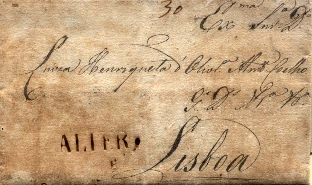 0238.jpg -     Lote:    238            Portugal        Descrição:      Alter   &mdash; A sépia, GM ALT1 em carta datada de Alter (30.12.1815 * data muito anterior à mais antiga catalogada) para Lisboa com o porte de 30 reis manuscrito a sépia. MB.        Carta       Valor Base:     &euro; 20,00      Valor Venda:     &euro; 55,00     