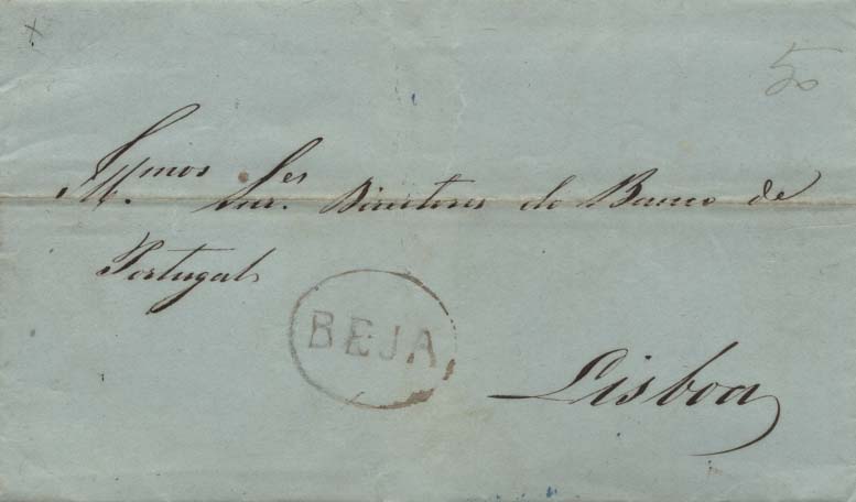 0254.jpg -     Lote:    254            Portugal        Descrição:      Beja   &mdash; A sépia, GM BJA3 em carta datada de Beja (21.03.49) para Lisboa (25.06.49) com o porte de 50 reis manuscrito a sépia. B.        Carta       Valor Base:     &euro; 25,00     Valor Venda:     Retirado     