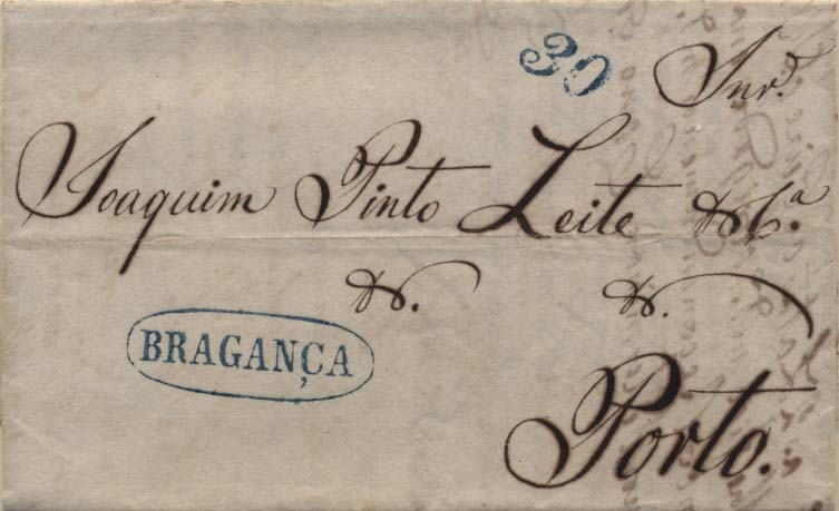 0262.jpg -     Lote:    262            Portugal        Descrição:      Bragança   &mdash; A azul, GM BGC3 em carta datada de Bragança (15.03.37) para o Porto com o porte de 30 reis batido a azul. MB.        Carta       Valor Base:     &euro; 10,00     Valor Venda:     &euro; 14,00     
