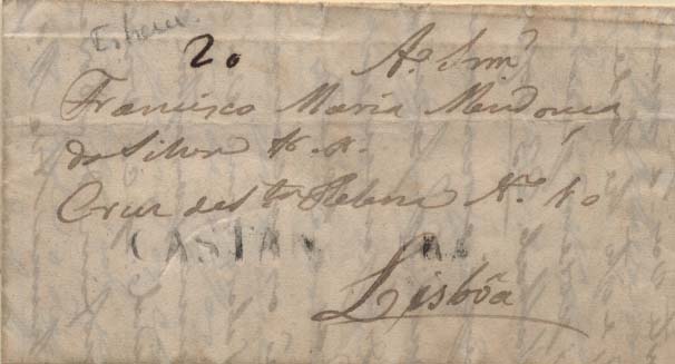 0265.jpg -     Lote:    265            Portugal        Descrição:      Castanheira   &mdash; A preto, GM CTR1 em carta não datada de Castanheira para Lisboa (22.12.??) com o porte de 20 reis manuscrito a sépia. Marca mal batida        Carta       Valor Base:     &euro; 30,00     Valor Venda:     Retirado     