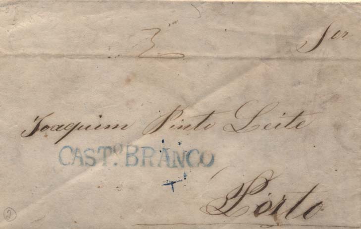 0266.jpg -     Lote:    266            Portugal        Descrição:      Castelo Branco   &mdash; A azul, GM CTB1 em carta datada de Castelo Branco (04.03.45) para o Porto (11.03.45) com trânsito por Lisboa (07.03.45), com o porte de 30 reis manuscrito a sépia. MB.        Carta       Valor Base:     &euro; 30,00     Valor Venda:     &euro; 42,00     