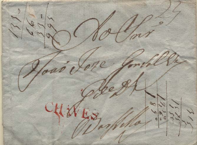 0271.jpg -     Lote:    271            Portugal        Descrição:      Chaves   &mdash; A vermelho, GM CHV1 em carta datada de Chaves (20.05.1802) para Barcelos com o porte de 25 reis manuscrito a sépia. B.        Carta       Valor Base:     &euro; 20,00     Valor Venda:     &euro; 20,00     