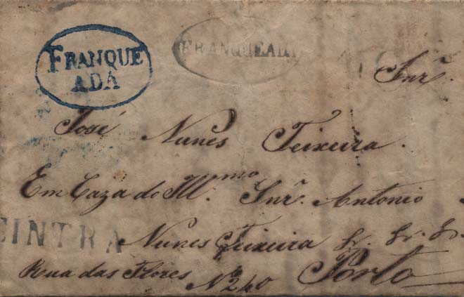 0272.jpg -     Lote:    272            Portugal        Descrição:      Cintra / Franqueada   &mdash; A verde, GM SNT-PP1 + SNT1, em carta remetida de Sintra (20.11.45) para o Porto (27.11.45), com o porte pago de 40 reis batido a verde + Lisboa / Franqueada &mdash; a azul, GM LSB-PP5, como marca de trânsito.        Carta       Valor Base:     &euro; 200,00     Valor Venda:     &euro; 200,00     