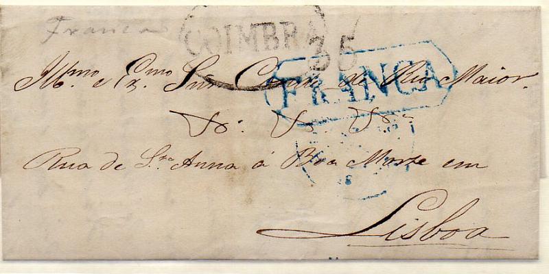 0275.jpg -     Lote:    275            Portugal        Descrição:      Coimbra + Lisboa / Franca   &mdash; A preto e azul, GM CBR11 e LSB PP4 em carta circulada de Coimbra (24.07.??) para Lisboa com o porte de 35 reis batido a preto, considerada à chegada isenta de porte.        Carta       Valor Base:     &euro; 25,00     Valor Venda:     Retirado     