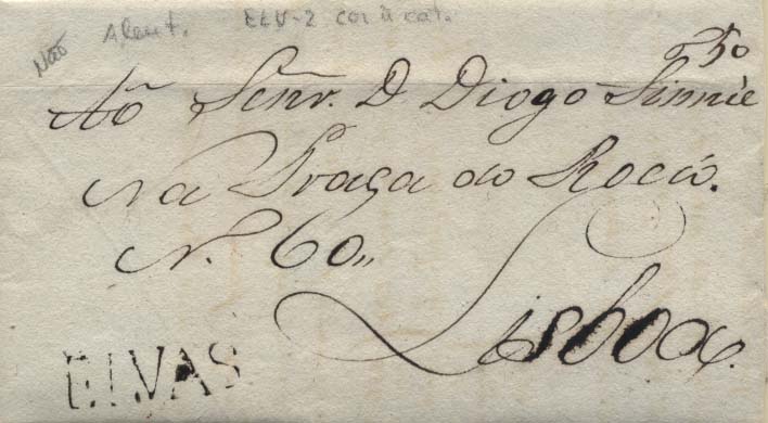 0281.jpg -     Lote:    281            Portugal        Descrição:      Elvas   &mdash; A preto (cor não catalogada?), GM ELV2 em carta datada de Elvas (10.11.24) para Lisboa com o porte de 50 reis, manuscrito a sépia. B.        Carta       Valor Base:     &euro; 30,00     Valor Venda:     Retirado     