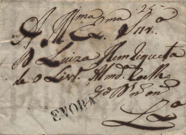 0283.jpg -     Lote:    283            Portugal        Descrição:      Évora   &mdash; A preto, GM EVR em carta datada de Évora (11.01.16) para Lisboa, com o porte de 25 reis manuscrito a sépia. B.        Carta       Valor Base:     &euro; 25,00     Valor Venda:     Retirado     