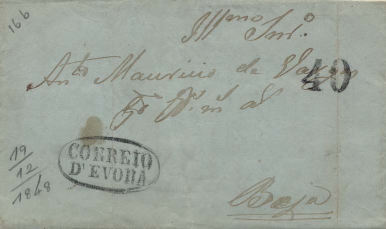 0285.jpg -     Lote:    285            Portugal        Descrição:      Évora (Correio D')   &mdash; A preto, GM EVR4 em carta datada de Évora (19.12.48) para Beja, com o porte de 40 reis batido a preto. MB.        Carta       Valor Base:     &euro; 15,00     Valor Venda:     &euro; 15,00     