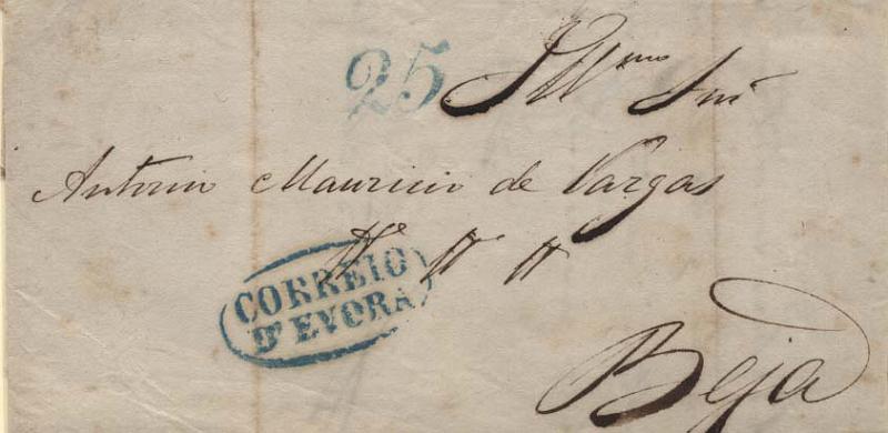 0286.jpg -     Lote:    286            Portugal        Descrição:      Évora (Correio D')   &mdash; A azul, GM EVR4 em carta datada de Évora (06.03.52) para Beja, com o porte de 25 reis batido a azul. MB.        Carta       Valor Base:     &euro; 15,00     Valor Venda:     &euro; 15,00     