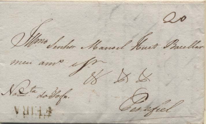 0287.jpg -     Lote:    287            Portugal        Descrição:      Feira   &mdash; A sépia, GM VFR2 em carta datada da Feira (11.05.14) para Penafiel, com o porte de 20 reis manuscrito a sépia. B.        Carta       Valor Base:     &euro; 30,00     Valor Venda:     &euro; 40,00     