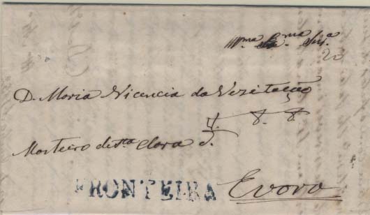 0289.jpg -     Lote:    289            Portugal        Descrição:      Fronteira   &mdash; A azul, GM FTR1 em carta datada de Fronteira (13.06.53) para Évora, com o porte de 25 reis manuscrito a sépia. Cor não catalogada. MB e MR.        Carta       Valor Base:     &euro; 200,00     Valor Venda:     Retirado     