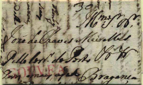 0290.jpg -     Lote:    290            Portugal        Descrição:      Gouveia   &mdash; A vermelho, GM GVA1 em carta datada de Gouveia (05.01.16) para Bragança, com o porte de 30 reis manuscrito a sépia.        Carta       Valor Base:     &euro; 100,00     Valor Venda:     Retirado     