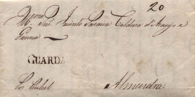 0292.jpg -     Lote:    292            Portugal        Descrição:      Guarda   &mdash; A sépia, GM GRD2, em carta datada da Guarda (15.10.1840) para Almendra, com o porte manuscrito a sépia de 20 reis. MB.        Carta       Valor Base:     &euro; 25,00     Valor Venda:     &euro; 26,00     
