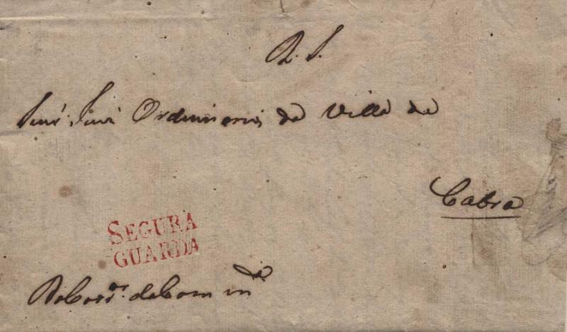 0295.jpg -     Lote:    295            Portugal        Descrição:      Guarda / Segura   &mdash; A vermelho, GM GRD-S2 em carta remetida da Guarda (11.07.30) para a Vila de Cabra, isenta de porte (Real Serviço). MB.        Carta       Valor Base:     &euro; 100,00     Valor Venda:     &euro; 190,00     