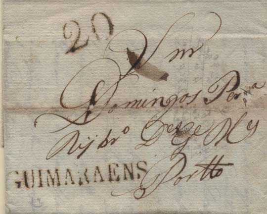 0296.jpg -     Lote:    296            Portugal        Descrição:      Guimarães   &mdash; A sépia, GM GMR1 em carta datada de Guimarães (07.01.1812) para o Porto, com o porte de 20 reis batido a sépia. MB.        Carta       Valor Base:     &euro; 10,00     Valor Venda:     &euro; 10,00     