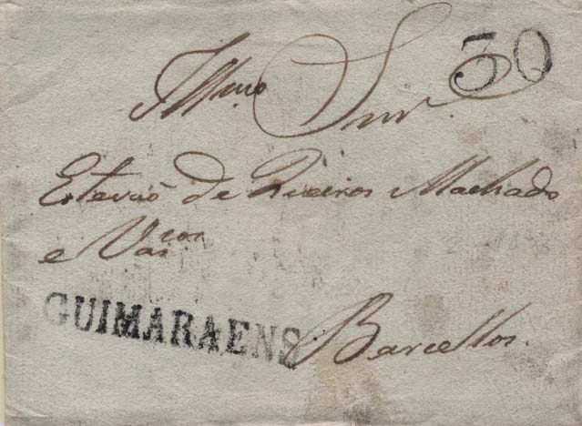 0297.jpg -     Lote:    297            Portugal        Descrição:      Guimarães   &mdash; A preto, GM GMR1 em carta datada de Guimarães para Barcelos (10.02.1833) com o porte de 30 reis batido a preto. MB.        Carta       Valor Base:     &euro; 15,00     Valor Venda:     &euro; 16,00     