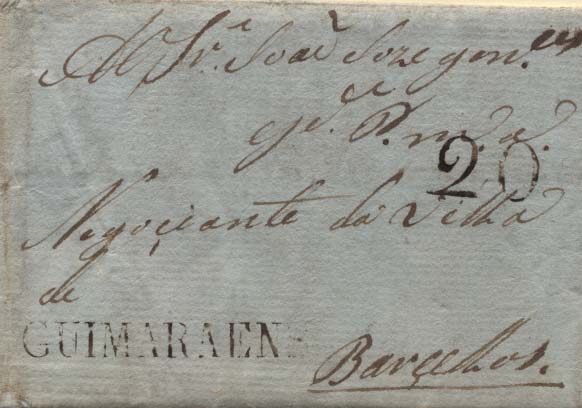 0298.jpg -     Lote:    298            Portugal        Descrição:      Guimarães   &mdash; A sépia, GM GMR1 em carta datada de Guimarães (16.10.1800 &mdash; data mais antiga conhecida) para Barcelos, com o porte de 20 reis batido a sépia. B.        Carta       Valor Base:     &euro; 25,00     Valor Venda:     &euro; 600,00     