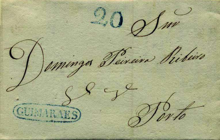 0299.jpg -     Lote:    299            Portugal        Descrição:      Guimarães   &mdash; A azul, GM GMR3 em carta datada de Guimarães (05.05.41) para o Porto, com o porte de 20 reis batido a azul.        Carta       Valor Base:     &euro; 10,00     Valor Venda:     &euro; 14,00     