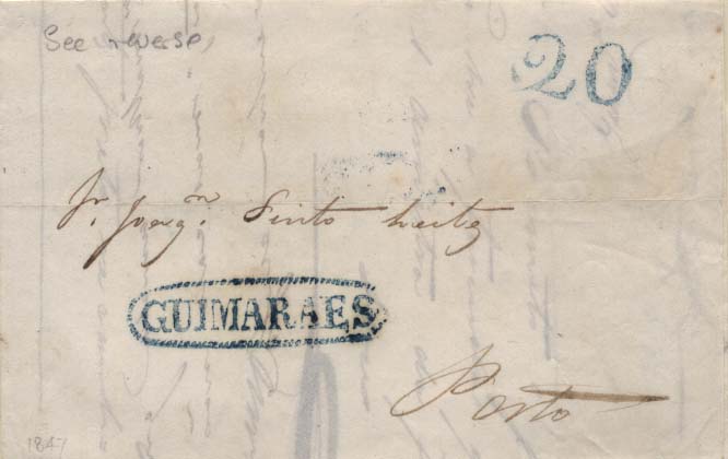 0301.jpg -     Lote:    301            Portugal        Descrição:      Guimarães   &mdash; A azul, GM GMR3 em carta datada de Guimarães (06.01.47) para o Porto (03.06.47 &mdash; 6 do mês em espelho) com o porte de 20 reis batido a azul. MB.        Carta       Valor Base:     &euro; 15,00     Valor Venda:     &euro; 18,00     